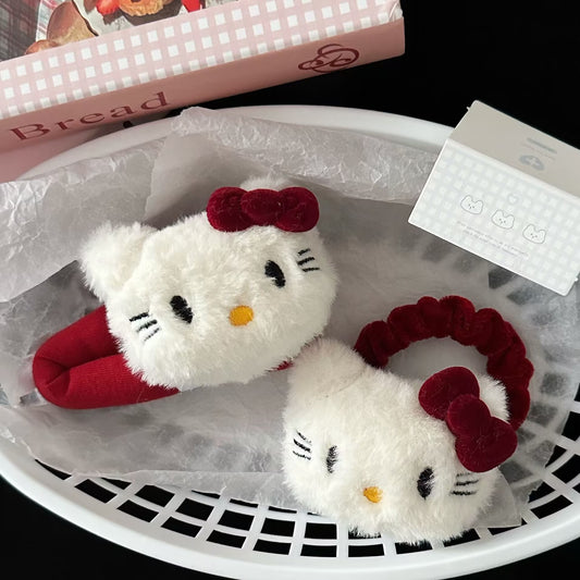 Cute Hair Accessories Girl’s Jewelry, Hair Tie Hair Clip Red Bow Plush Kitty (Pick on Live Stream)